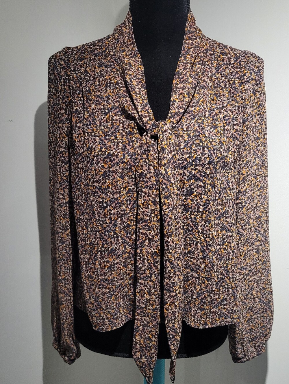 H&M Women's Ditsy Floral Multicolor Tie-Neck Long Sleeve Blouse 4 Orange Brown